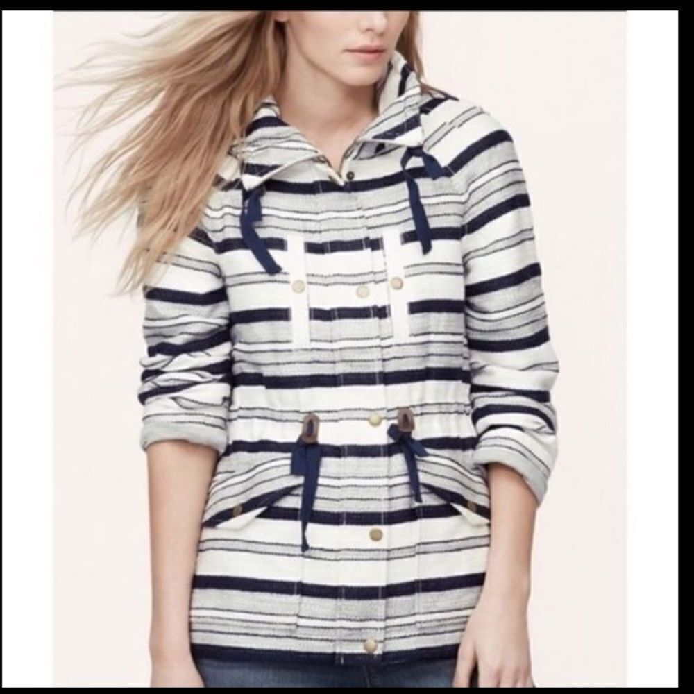 Loft Navy White Striped Utility Jacket Funnel Neck Drawstring XXSP 18149197